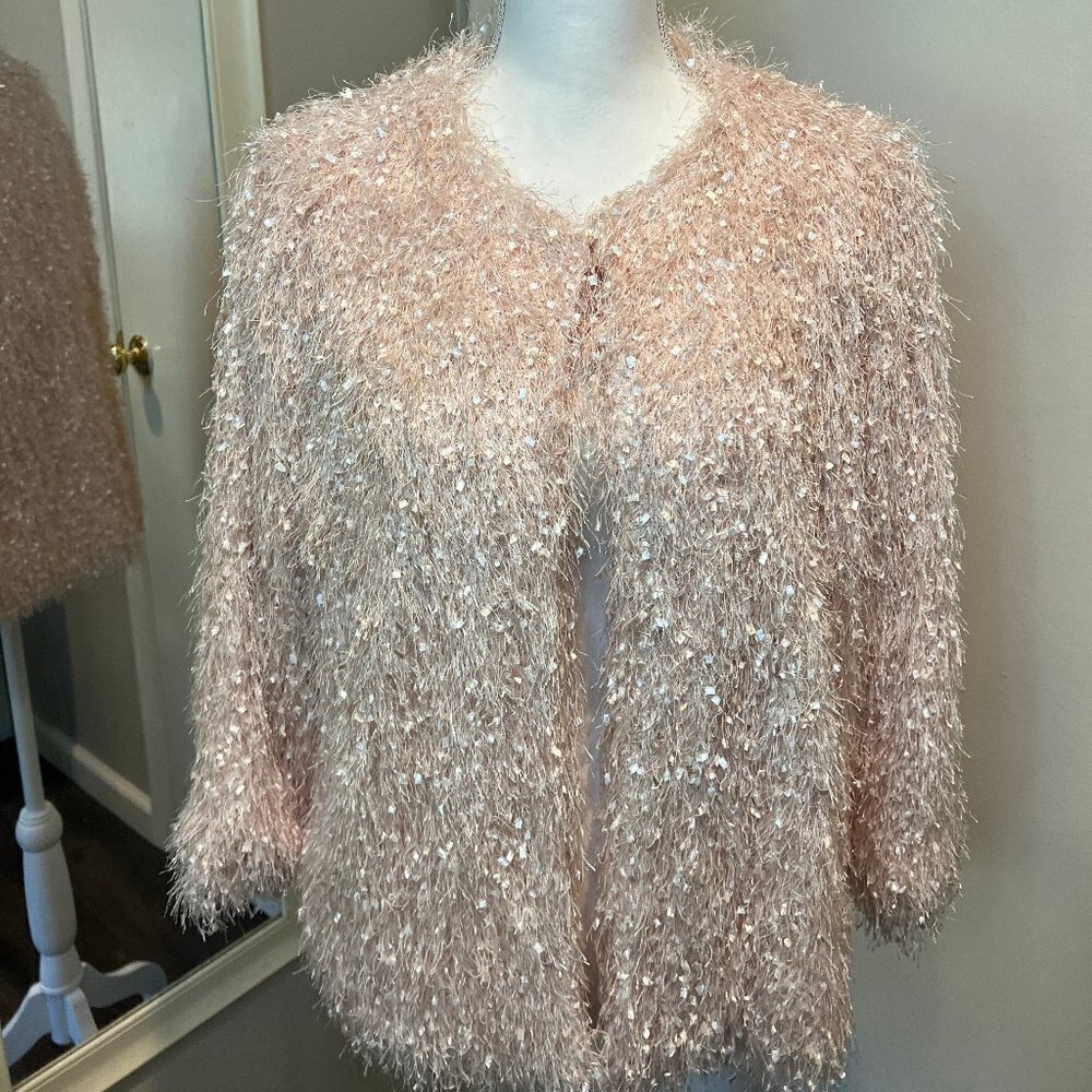 Alfani Silver Peony Pink confetti fringe jacket, Size Medium